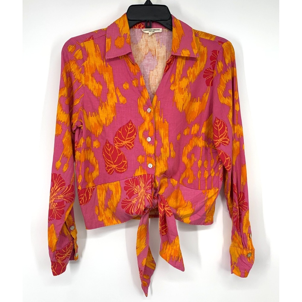 Christian Siriano Top Linen Blend V Neck Button Down Long Sleeve Womens Small - Picture 2 of 11